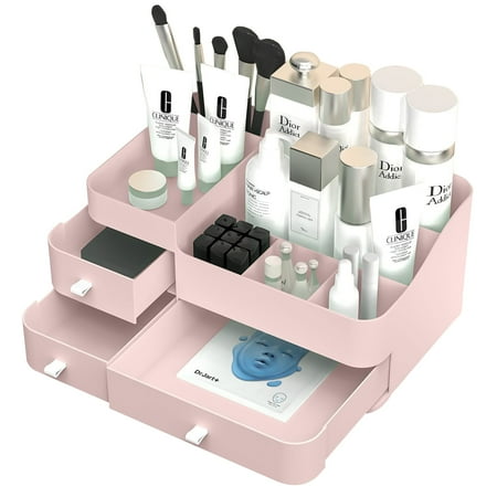 Large Makeup Organizer Cosmetic Storage Box with Drawer Elegant Vanity Holder for Lipstick Brushes Skincare Lotions Perfumes Eyeshadow Nail Polish Pink