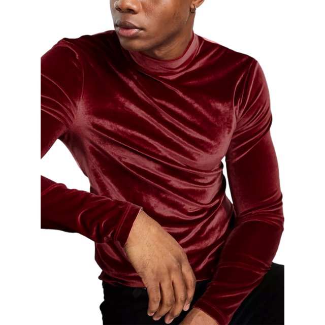 Tenmix Men Long Sleeve Tops Casual Shirt Turtleneck Spring T Velvet Tee Red XS