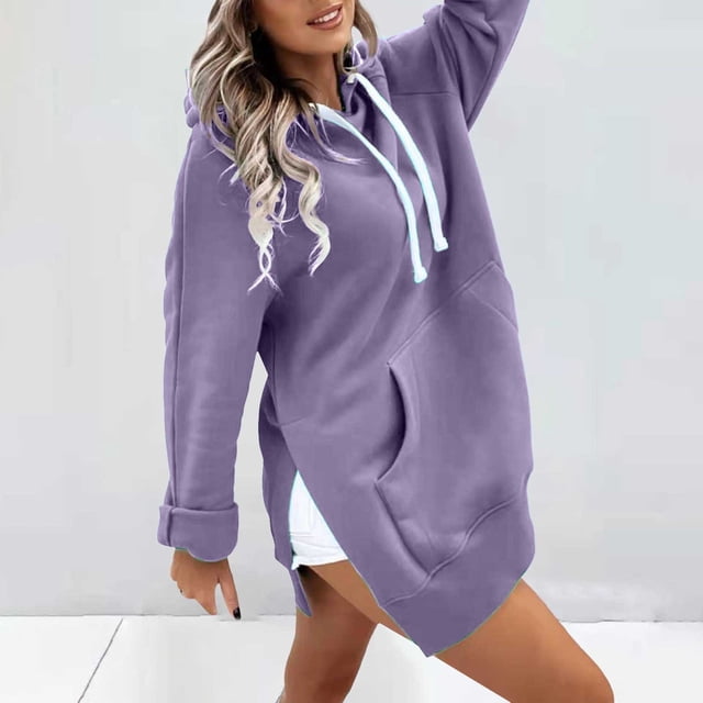 Vente de Liquidation! Pxiakgy Robe à Capuche Surdimensionnée pour Femmes Chandail Décontracté à Cordon de Serrage Long Chandail en Molleton avec Poche Mode Ourlet Fendu Manches Longues Hauts d'Automne Décontractés Vêtements de Détente Violet L