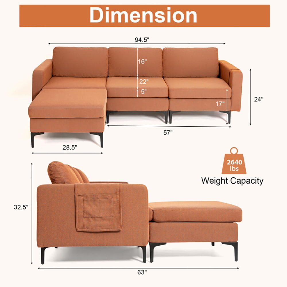Finihen L-shaped Sectional Sofa Couch, Convertible Sectional Sofa, Modular L-shaped Sectional Sofa with Reversible Chaise and 2 USB Ports, for Living Room, Orange Finihen L-shaped Sectional Sofa Couch, Convertible Sectional Sofa, Modular L-shaped Sectional Sofa with Reversible Chaise and 2 USB Ports, for Living Room, Orange