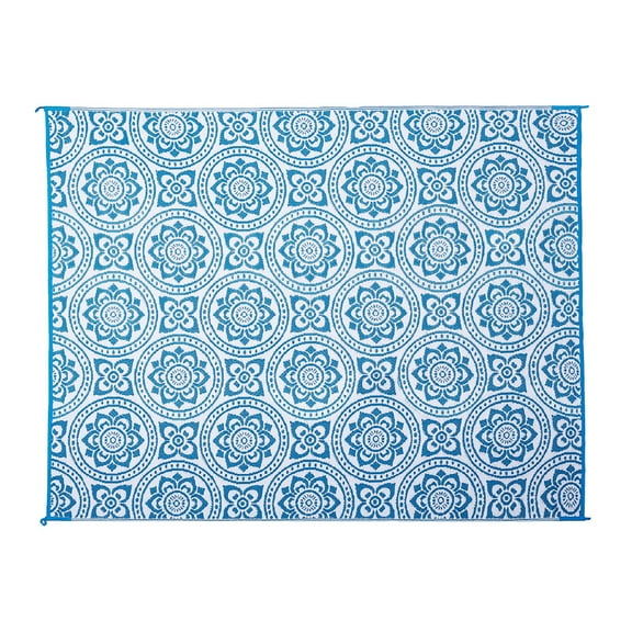 Reversible Mat 8x10 Foot Outdoor Polypropylene Pattern Patio Rug, Turquoise/White