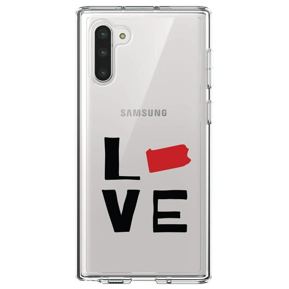 DistinctInk Clear Shockproof Hybrid Case for Samsung Galaxy Note 10 (6.3" Screen) - TPU Bumper Acrylic Back Tempered Glass Screen Protector - Pennsylvania - Love Red & Black