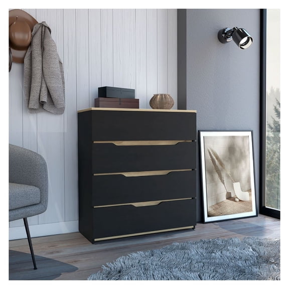 Drawer Dresser 35"H, Four Drawers, Superior Top, Black / Light Oak Finish
