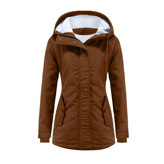 XPMWRP Women's Fleece Lined Hooded Thicken Coat Long Sleeve Solid Color Casual Zip Up Jackets Winter Soft Warm Trendy Coats with Pockets Brown M