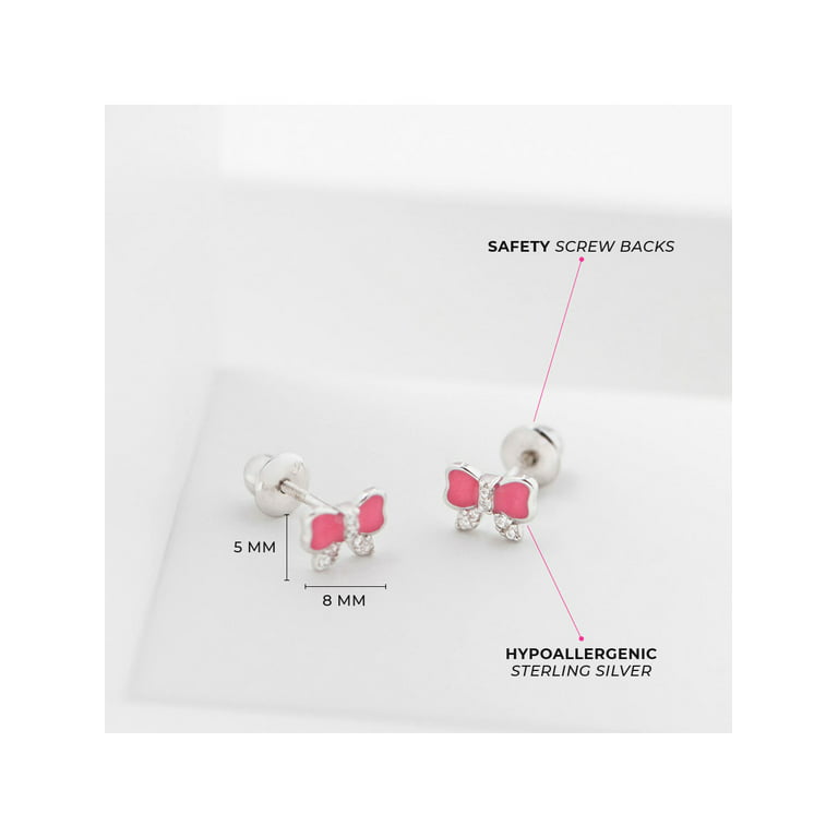 Pink Enamel Bow Screw Back Earrings for Girls in Sterling Silver - The  Jewelry Vine