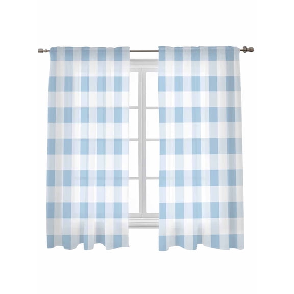 Blue Checkered Curtains 63 Inch Length, Sheer Curtains for Bedroom Living Room Window Blue White Buffalo Plaid Rod Pocket Voile Drapes Kitchen Curtains Small Half Window 42"x63" 2 Panels