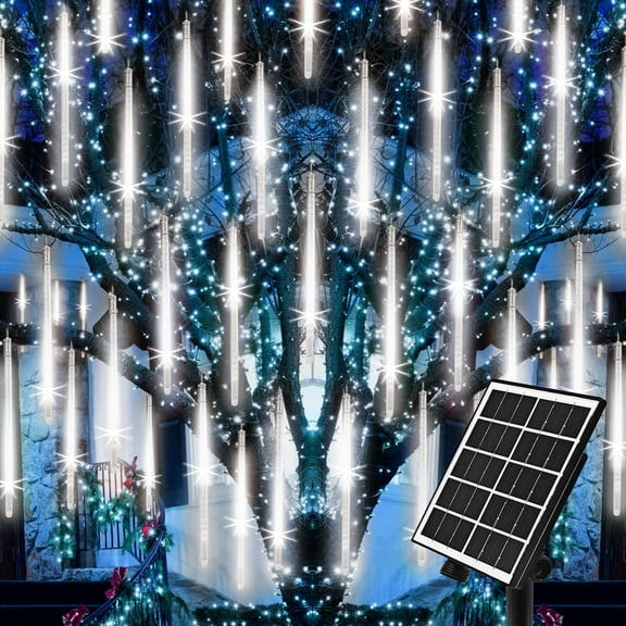 Meteor Shower Lights Outdoor Solar Meteor Light Falling Rain Lights 16 Tubes 16 Inch 576LED Cascading Snowfall Christmas Light for Holiday Wedding New Year Party Yard House Roof Tree Mall Decoration