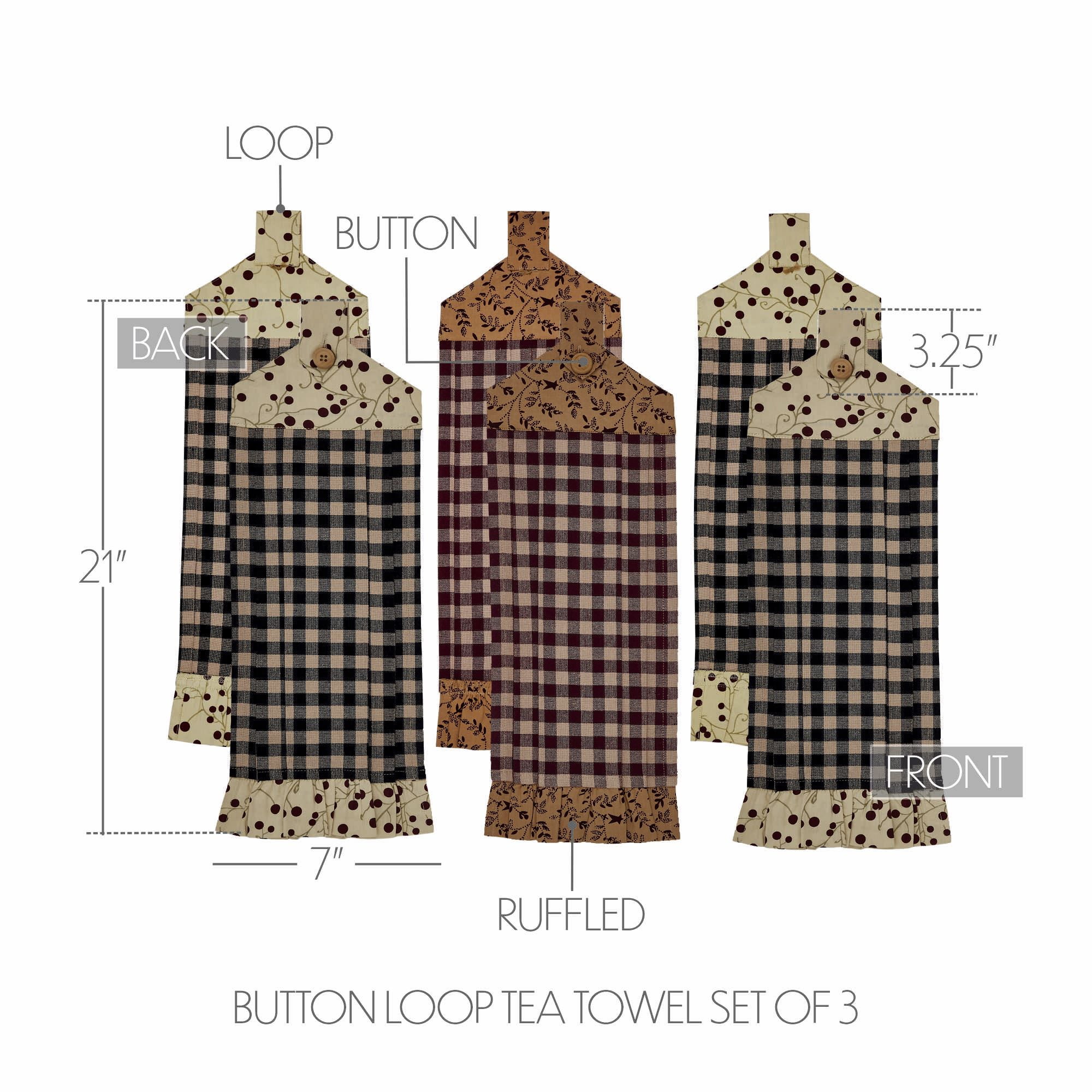 VHC Brands Cotton Pip Vinestar Button Loop Kitchen Towel Set of 3, Hanging Kitchen Towel, Pleated, Bath, Kitchen, Pip Vinestar Collection, Rectangle 21x7, Natural