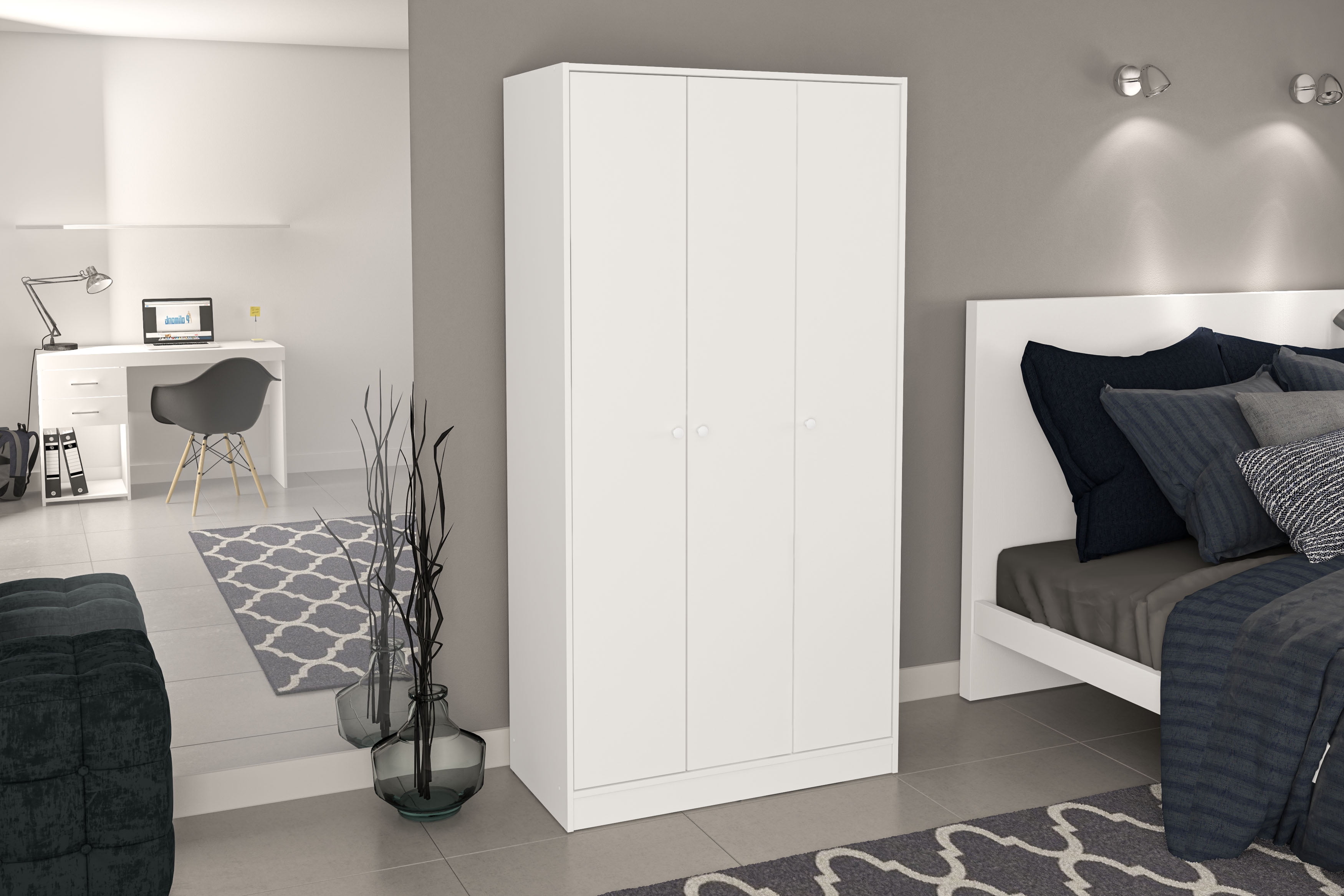 Polifurniture Denmark 71 in. 3 Door Modern Bedroom Armoire with Shelves & Hanging Rod, White Wood