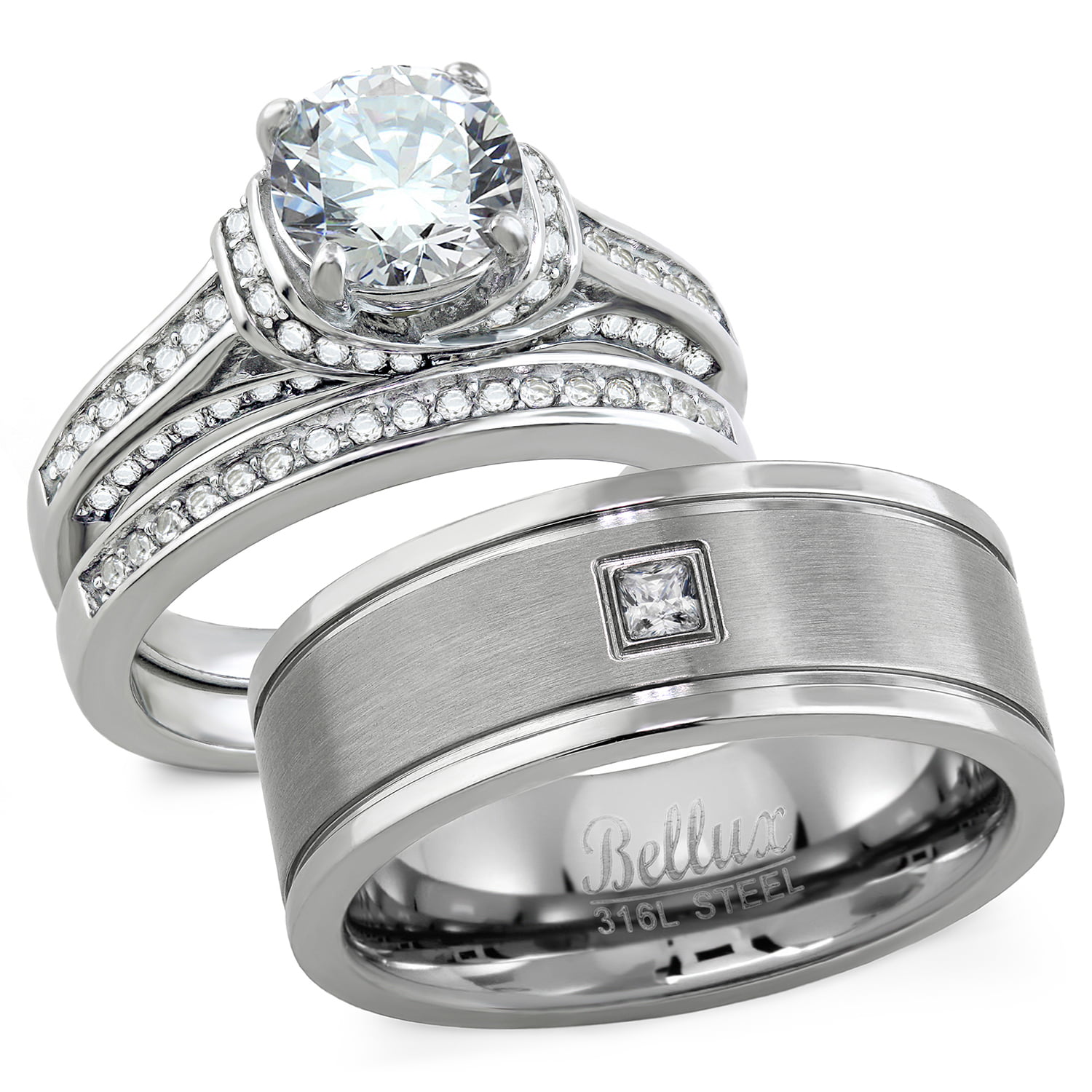 Bridal Stainless Steel Polished & Textured CZ Ring