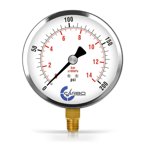 CARBO Instruments 4" Pressure Gauge, Chrome Plated Steel Case, Dry, 0-200 psi/kPa, Lower Mount 1/4" NPT