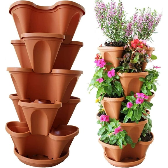5 Tier Stacking Planters - Strawberry, Herb & Vegetable Planter - Vertical Gardening Indoor/Outdoor Stacking Garden Pots - Terracotta