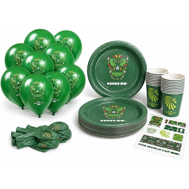 Set Desechables Fiesta Mundial FIFA 2026 Oficial México - 12 Personas (20 Vasos + 12 Platos + 10 Globos + 1 Lámina de 8 Stickers)