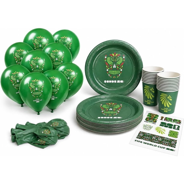 Set Desechables Fiesta Mundial FIFA 2026 Oficial México - 12 Personas (20 Vasos + 12 Platos + 10 Globos + 1 Lámina de 8 Stickers)