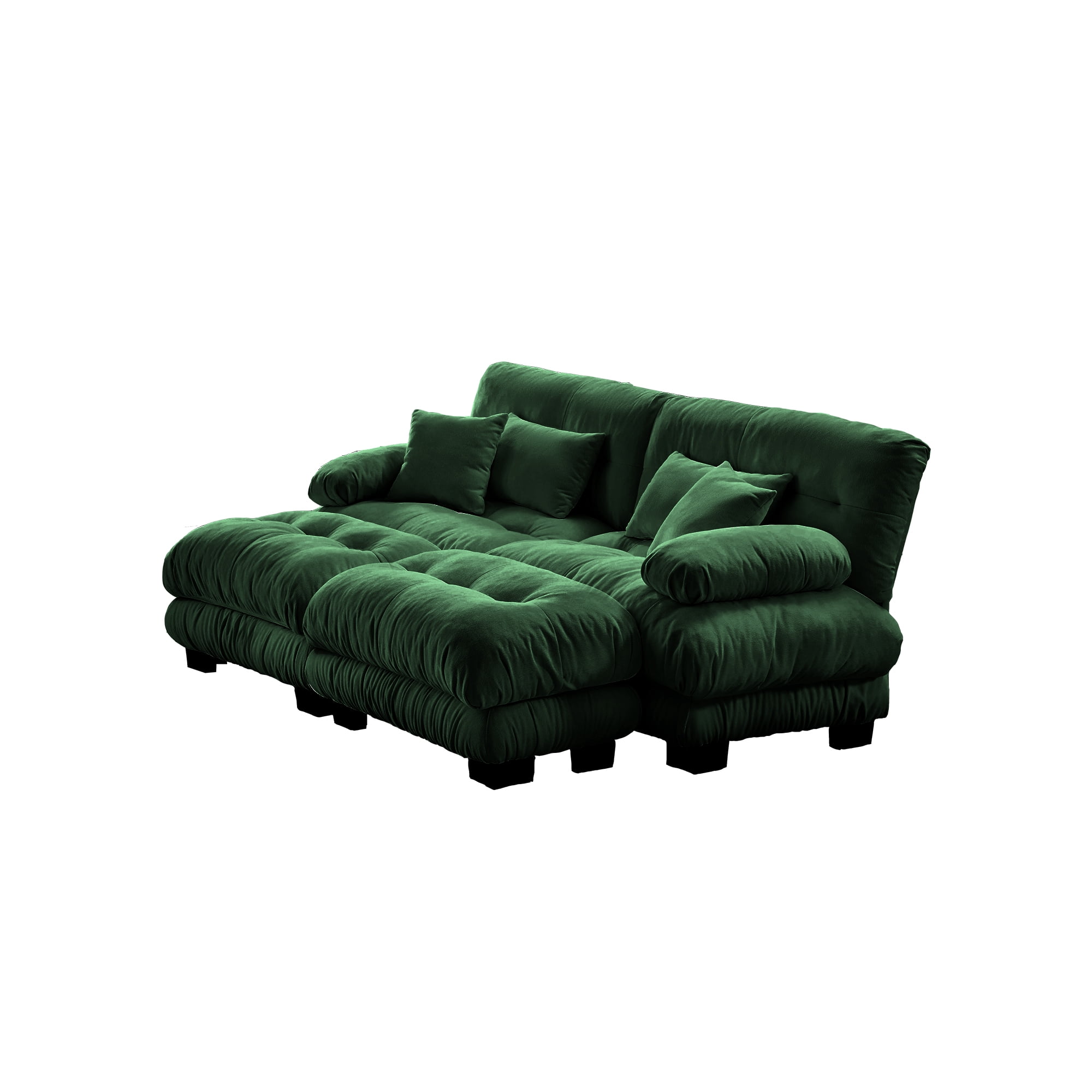 Gewnee 94.4" Chenille Cloud Couch 2-Seater Soft Upholstered Sectional Sofa with 2 Ottomans, 2 Lumbar Pillows & 2 Throw Pillows for Living Room, Green