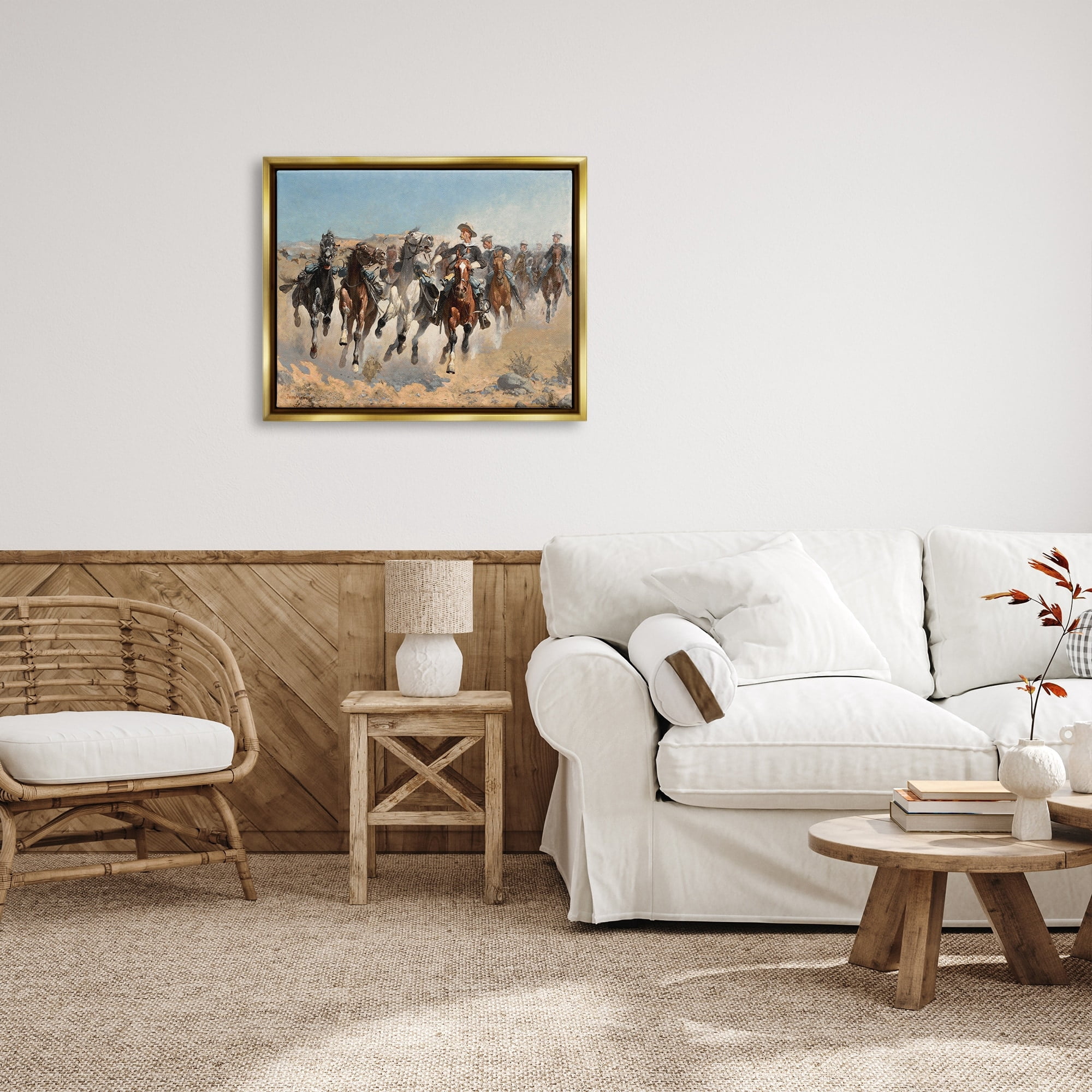 Stupell Industries Galloping Horses Herd Cowboys Trotting Desert Sand Painting Metallic Gold Floating Framed Canvas Print Wall Art, Design by Lettered and Lined