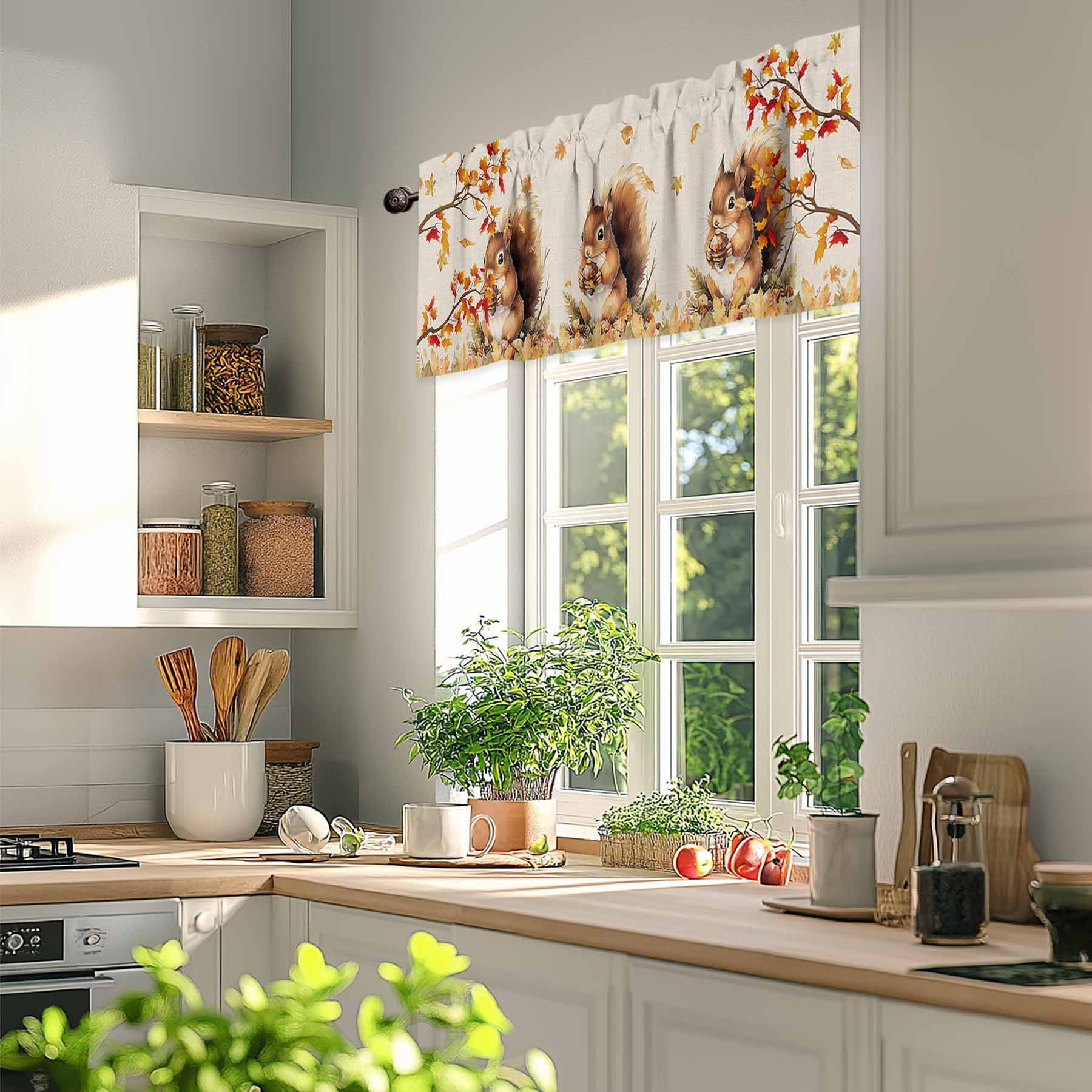 Thanksgiving Fall Valances for Windows, 60 x 18in, Squirrel Maple Leaf Cotton Linen Background Rod Pocket Kitchen Valance Curtain Light Filtering Window Treatments for Living Room Bedroom, 1 Panel