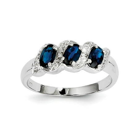 Sterling Silver Polished Open back Rhodium-plated Rhodium Sapphire and Diamond Ring - Ring Size: 6 to