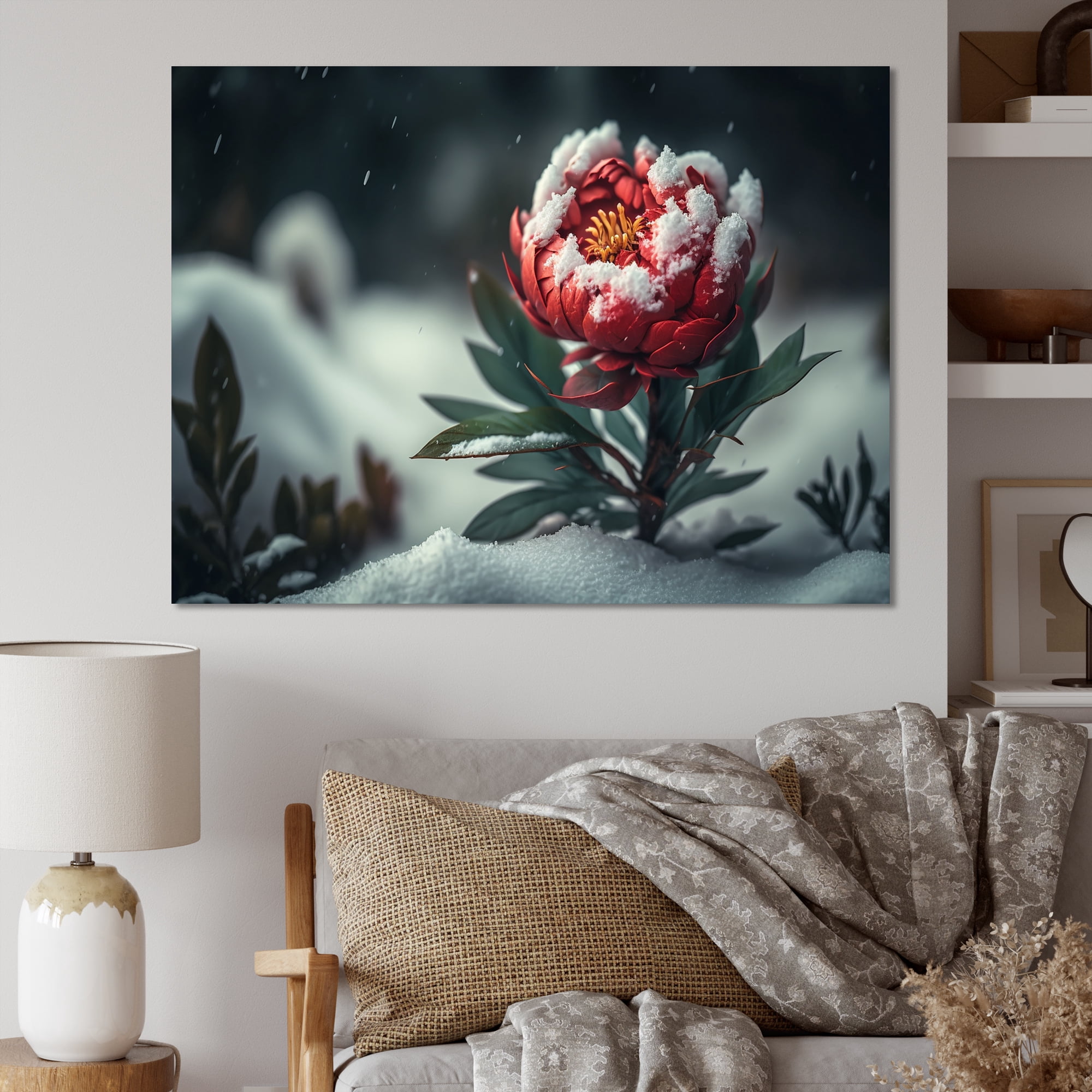 Designart A Blooming Red Peony Flower In Winter II Canvas Wall Art
