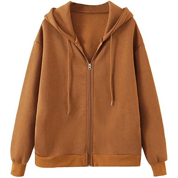 Chandail à Capuchon à Fermeture à Glissière pour Femme à Manches Longues, Coupe Ample, avec Cordon de Serrage, Brun, G