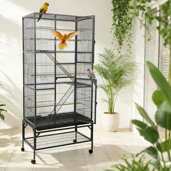 Extra Large Bird Cage, 69.5" Wrought Iron Large Bird Flight Cage with Detachable Rolling Stand, Bird Cage, Metal Parrot Cage for Pet Stores, Zoos