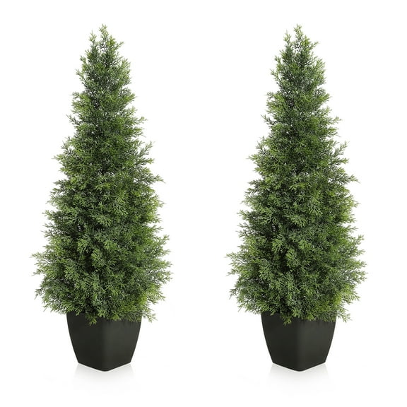Artificial Cedar Topiary Tree for Outdoor,3FT Tall Faux Cedar Pine Trees,Potted Fake Cypress Plant with UV Resistant Leaves for Front Door Decor,Porch,Garden,Entryway, Set of 2