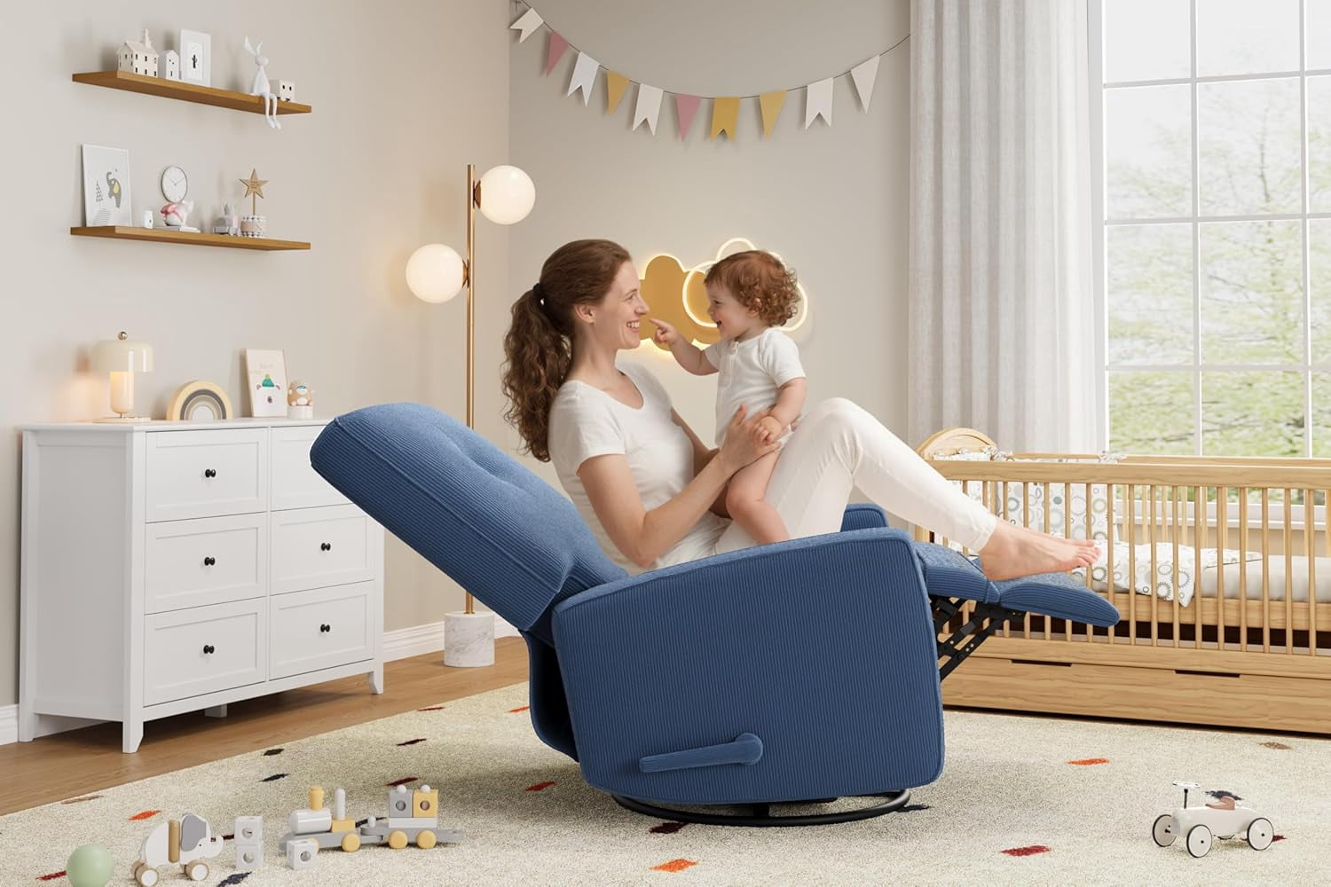 Nursery Recliner Chair, 360° Swivel Rocking Glider Chair for Adults with Adjustable Backrest & Footrest, Upholstered Armchair for Living Rooms, Bedrooms, Apartments, Blue