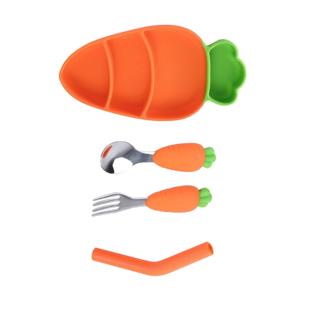 Billuyoard Tenedor para bebé con forma de rábano, cuchara de alimentación para niños, juego de herramientas de autoalimentación de silicona, tenedor y Mostrada Karotten-Teller-Set Billuyoard HA004999-02