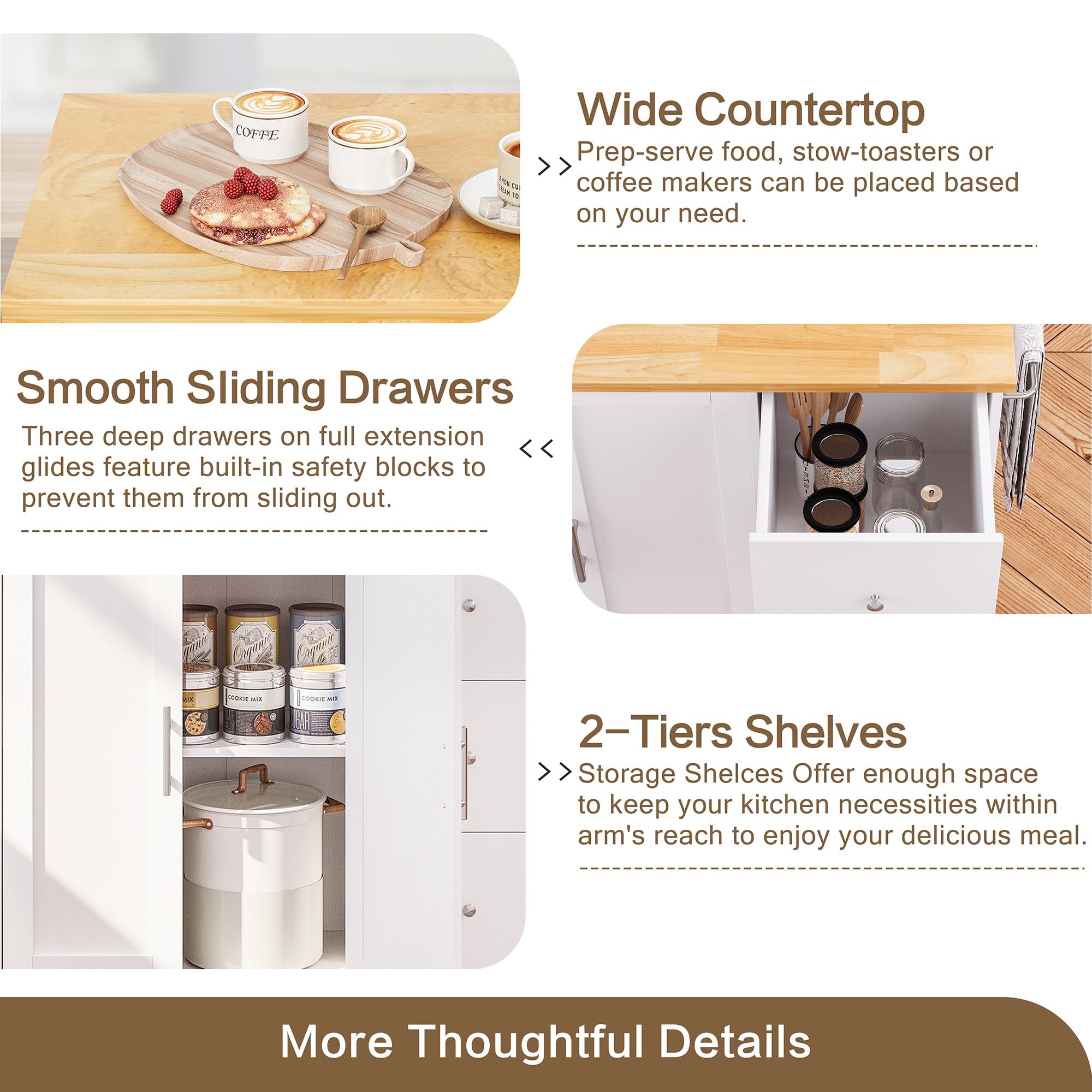 Walsunny 40" Kitchen Islands Carts with Storage Drop Leaf Countertop on Wheels Rolling Microwave Utility Carts with 3 Drawers 1 Storage Cabinets,White