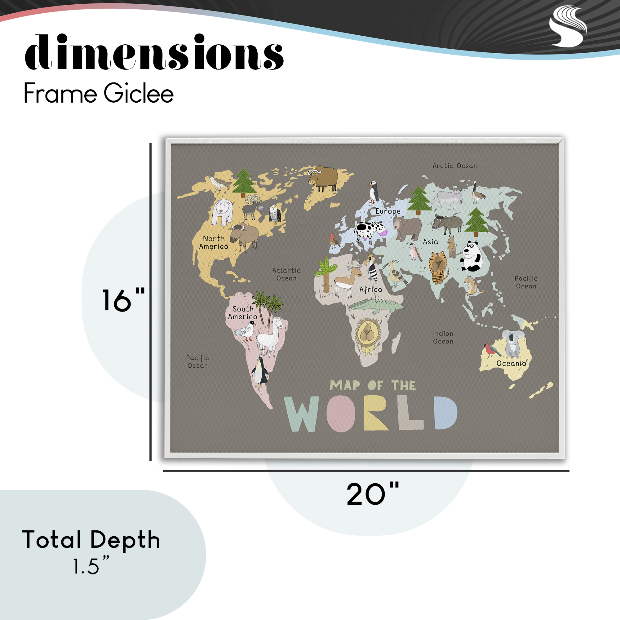 Kid's Map Of World Brown White Framed Giclee Art, design by Carla Daly