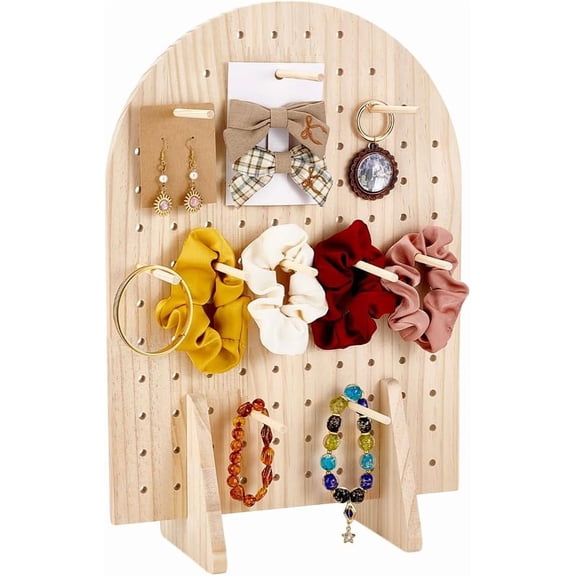 Wooden Pegboard Display Stand with 25 Pcs Wood Dowel Rods Oval Jewelry Organizer for Necklaces Keychains Earrings Pins Perfect for Craft Shows Vendor Events Selling 5x11x17inch