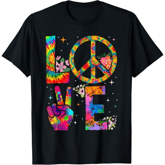 Peace Sign Love 60s 70s Tie Dye Hippie Costume T-ShirtMen's and women's gift, black and white T-shirt, size: Extra large S-4XL