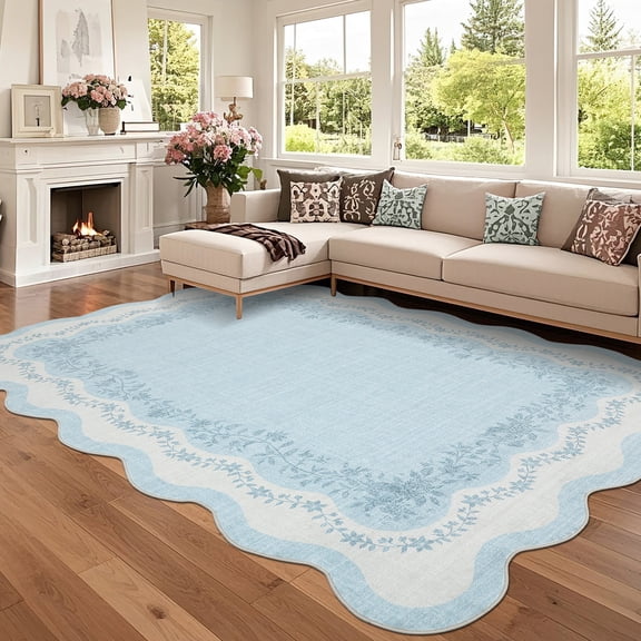 Hasoo Large Washable Rug 9' x 12' Area Rug for Living Room Scalloped Non-Slip Neutral Indoor Decor Floral Printed Carpet, Blue