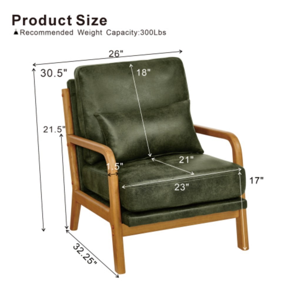 Wooden Lounge Chair, Modern Upholstered Accent Chair with Solid Wood Armrests, High-Density Foam Cushion, Reclined Backrest for Living Room, Bedroom & Office, Olive Green