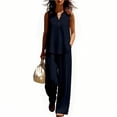 thumbnail image 5 of VBVC Women's 2 Piece Cotton-Linen Outfit Set,Notch Neck Tank Top and Wide Leg Pants For Women,Ladies Button Trim Loungewear with Pockets,Navy,S-2XL, 5 of 7
