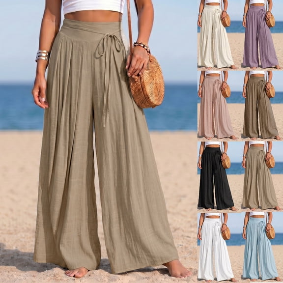 Women's Cotton Linen High Waist Tie Strap Pleated Wide Leg Pants, Elastic Waist Loose Pocket Resort Trousers, Soft Breathable Summer Bottoms for Travel Daily | TruHer,Beige L