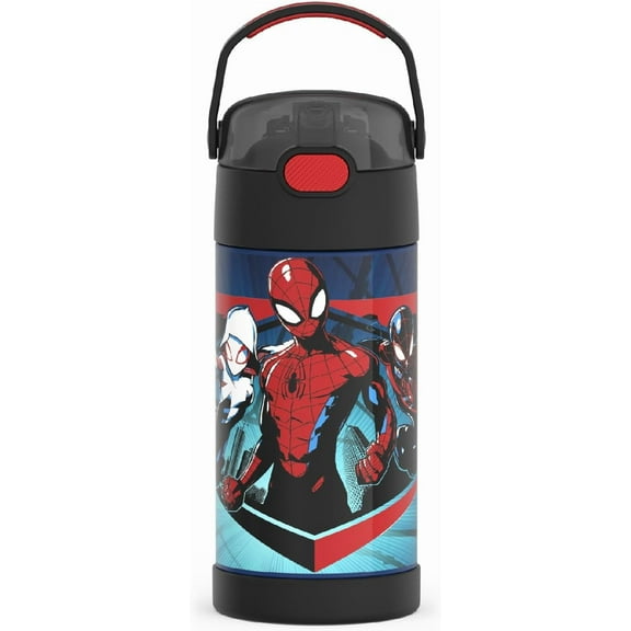 FUNTAINER Water Bottle with Straw - 12 Ounce - Kids Stainless Steel Vacuum Insulated Water Bottle with Lid, Spider-Man