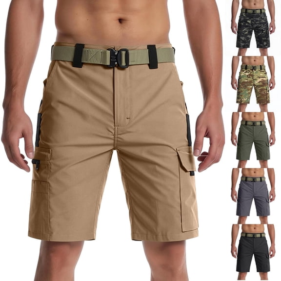 Zimjoy Men's Tactical Cargo Shorts with Adjustable Belt Water Resistant Multi Pocket Quick Dry Knee Length Outdoor Hiking Work Utility Shorts Khaki L
