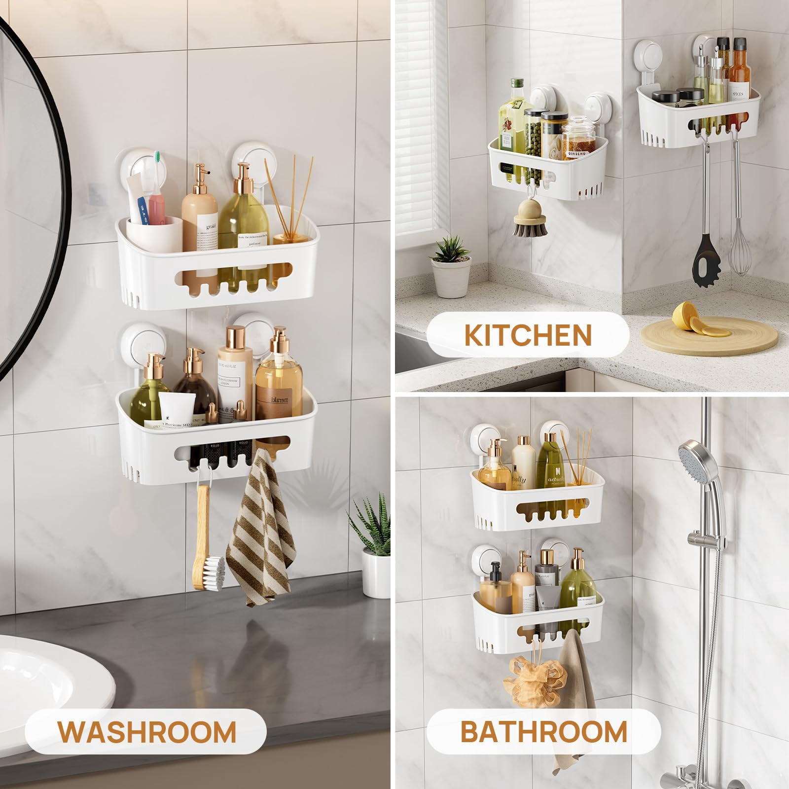 Shower Caddy Suction Cup 2 Pack, Shower Organizer Removable Bathroom Shelf, Storage Suction Powerful Max Hold 22lbs Bathroom Caddy Waterproof Holder, White