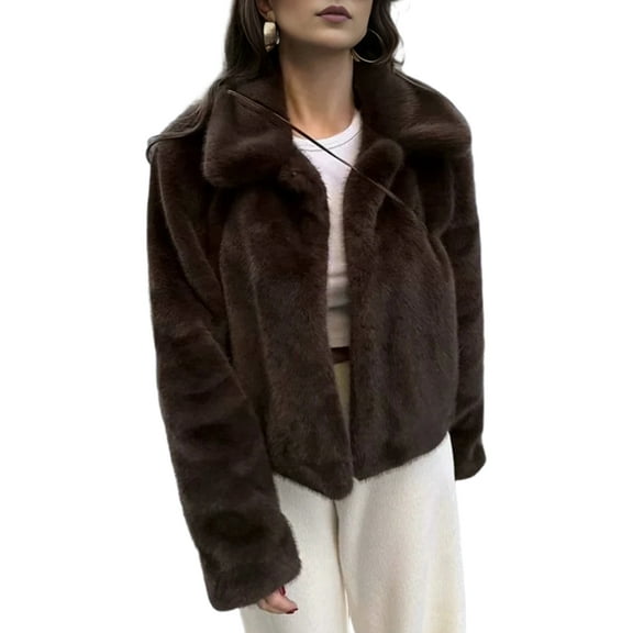 Women'S Cropped Faux Fur Jacket with Hidden Pockets and Buttons Plush Shawl Collar Cardigan Coat Dark Brown M