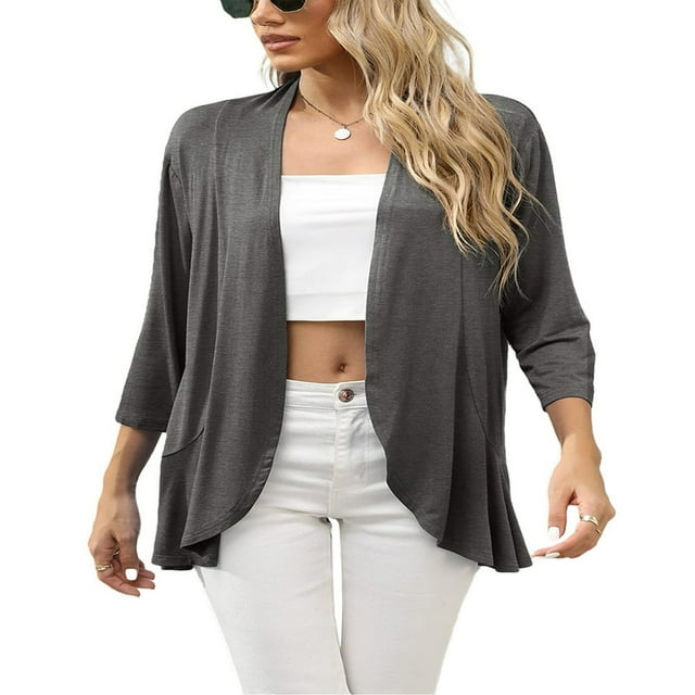 Cardigan Sans Boutons pour Femmes Manches 3/4 Ourlet à Volants Hauts Décontractés Fins