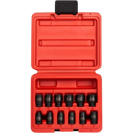 

Sunex 1822 1/4 Inch Drive Magnetic Impact Socket Set 12-Piece Metric 5mm-15mm Cr-Mo Alloy Steel Radius Corner Design Dual Size Markings Heavy Duty Storage Case