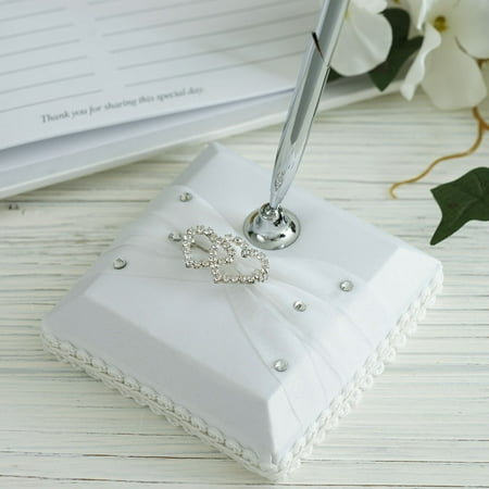 BalsaCircle Silver Pen and White Holder Set with Double Hearts Rhinestone Wedding Party Accessories Decorations Discounted Supplies