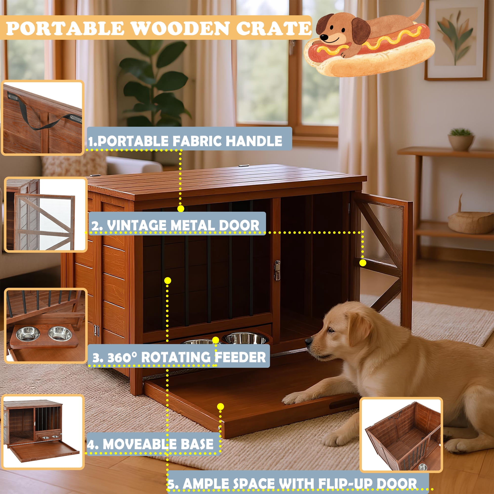 Euroco 43" Solid Wood Dog Crate Furniture, Foldable Indoor Kennel with 360° Rotating Feeder Multi-Functional End Table for Small & Medium Dogs, Portable Pet Cage with Removable Tray & Easy Assembly