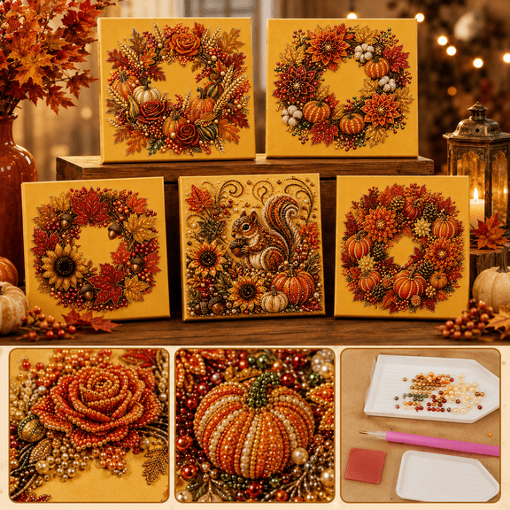 DIY Autumn Harvest Pumpkin Pearl Diamond Art Kit, 3D Pearl Diamond Art for Adults, Autumn Pearl Painting Kit with Beads and Canvas, Fall Home Wall Decor Craft Gift