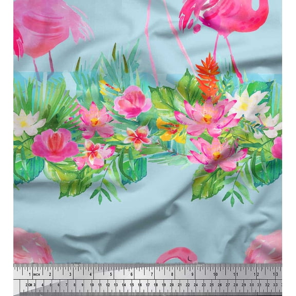 Soimoi Blue Cotton Duck Fabric Lotus & Flamingo Bird Print Fabric by Yard 42 Inch Wide