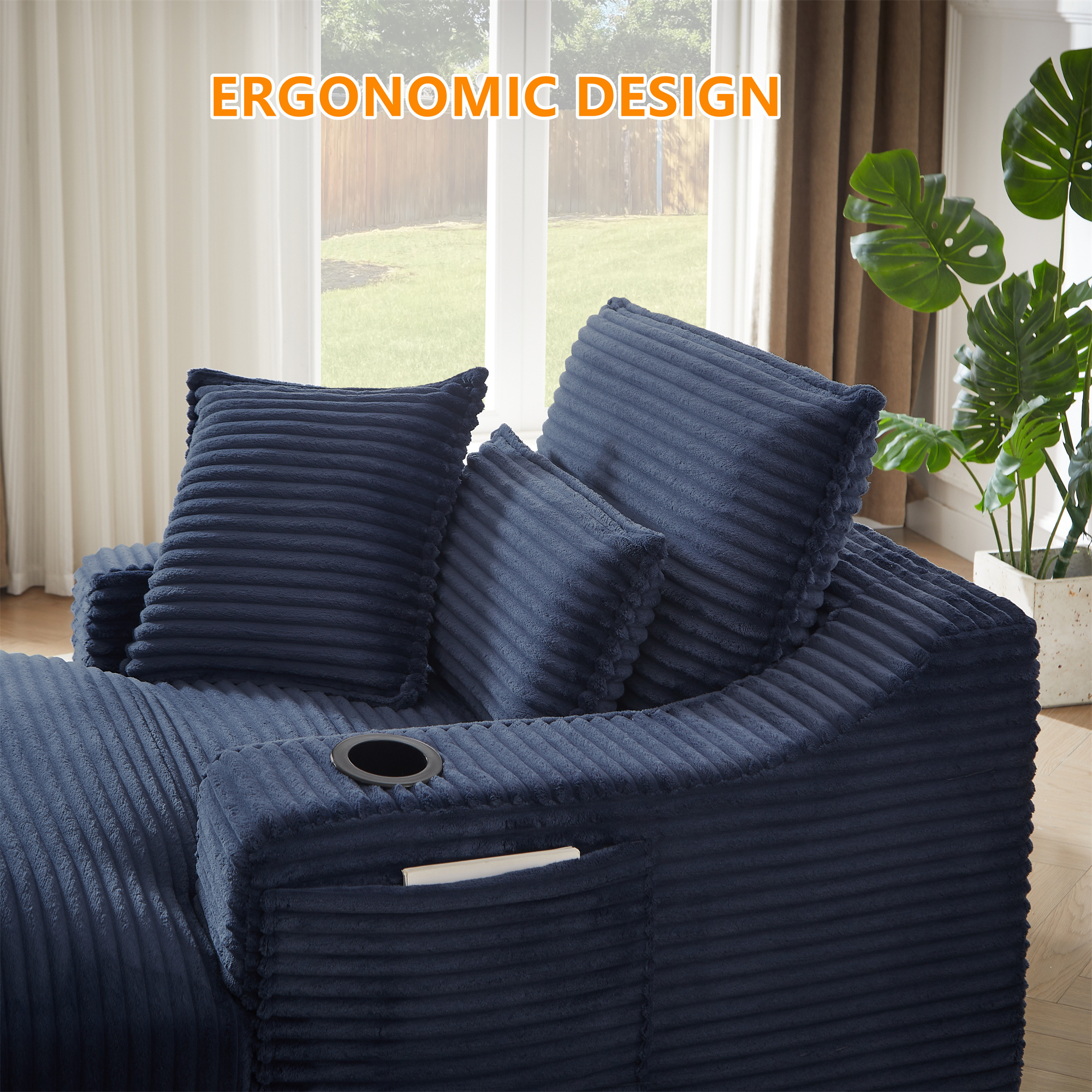 Aukfa 68" Oversized Chaise Lounge Chair with 2 Cup Hoders&Side Pockets, 3Pillows, Corduroy, Blue