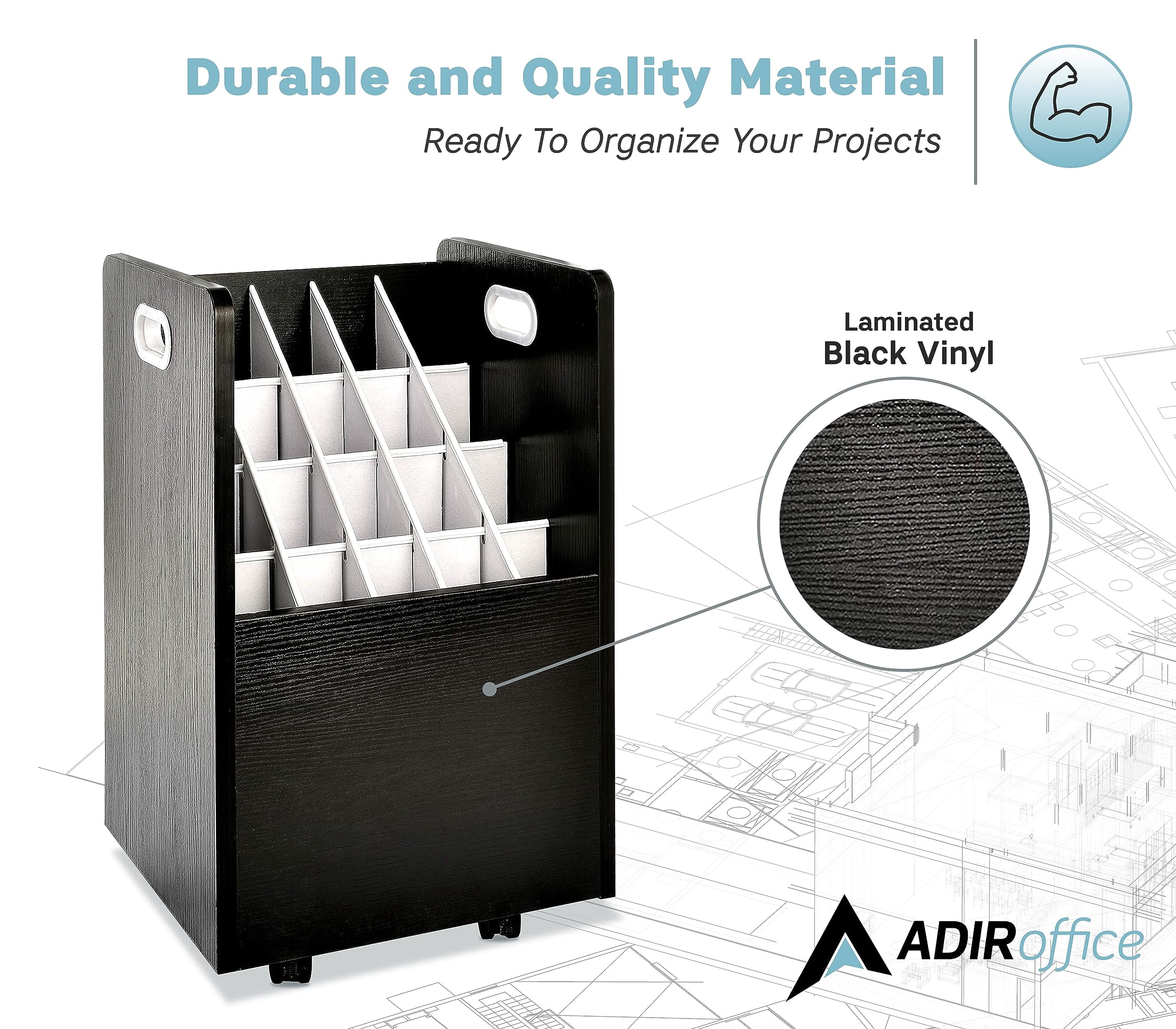 Adir Blue Print Storage Organizer- Mobile Roll File Cart, Construction Plan Holders, Blueprint Cabinet with Wheels (20 Slots, Black)