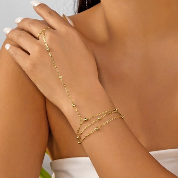 14K Gold Plated Hand Chain Bracelets for Women Set - Dainty Finger Ring Bracelet Stack Adjustable Hand Chains Durable Beaded Bracelets Trendy Simple Body Jewelry Gift for Women