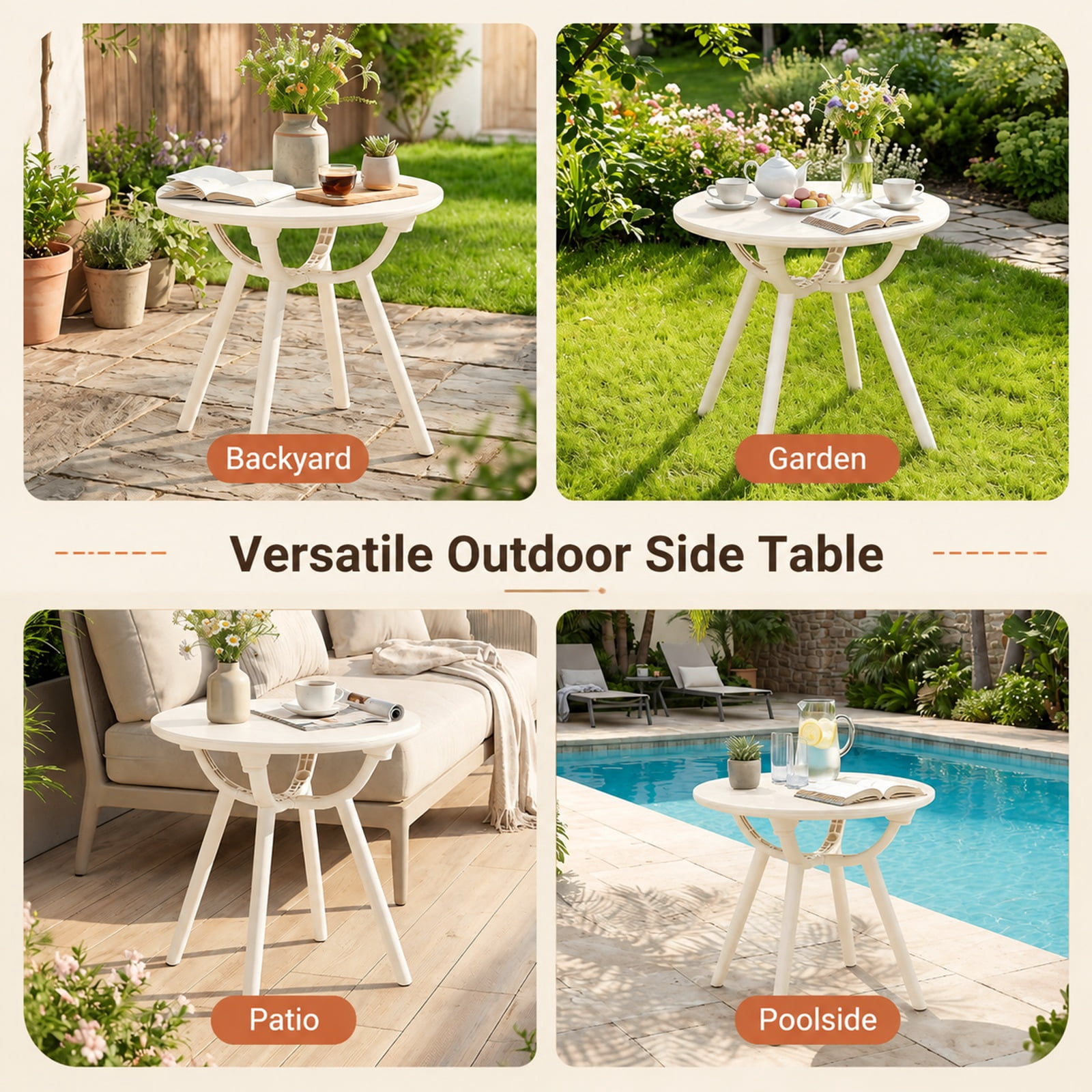 Furnibear Weather Resistant Circular Small End Table with Spacious Round Top and Molded PP ABS Build for Poolside Balcony Deck and Backyard, White